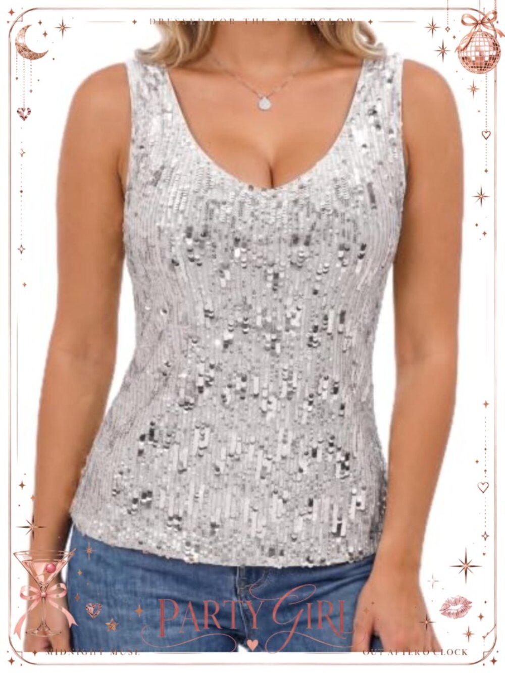 Women Sequin Tank Top Sleeveless V Neck Party Shirt